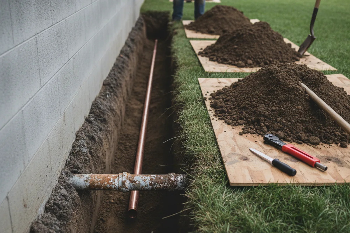 Excavated water line trench during Water Heater Repair in Zionsville